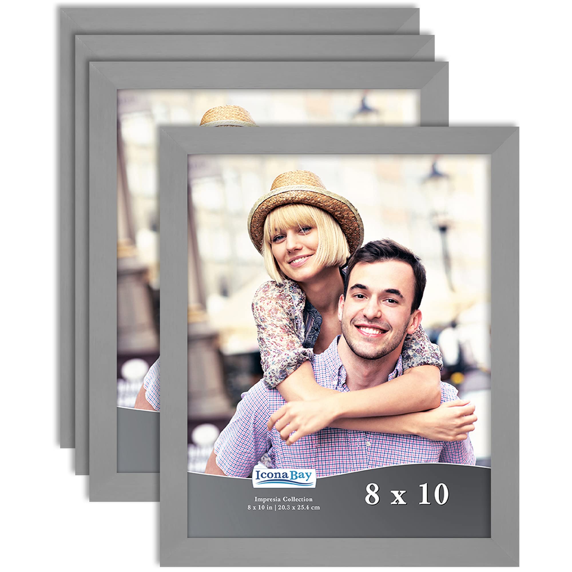 Icona Bay 10x8 (25x20 cm) Picture Frame Set (Grey, 4 Pack) Simple Modern Design, Table Top Kickstand and Wall Hanging Hooks Included, Impresia Collection
