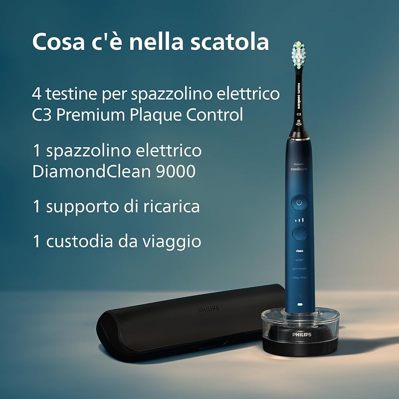 Sonicare Spazzolino elettrico DiamondClean serie 9000 edizione speciale: per pulizia dei denti e igiene orale, blu scuro, 4 testine Premium Plaque C3 (modello HX9911/89)