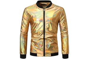 Men's Zipper Disco Bomber Metallic Jackets Vintage 70's Disco Christmas Party Dressy Jacket Lightweight Holiday Coat