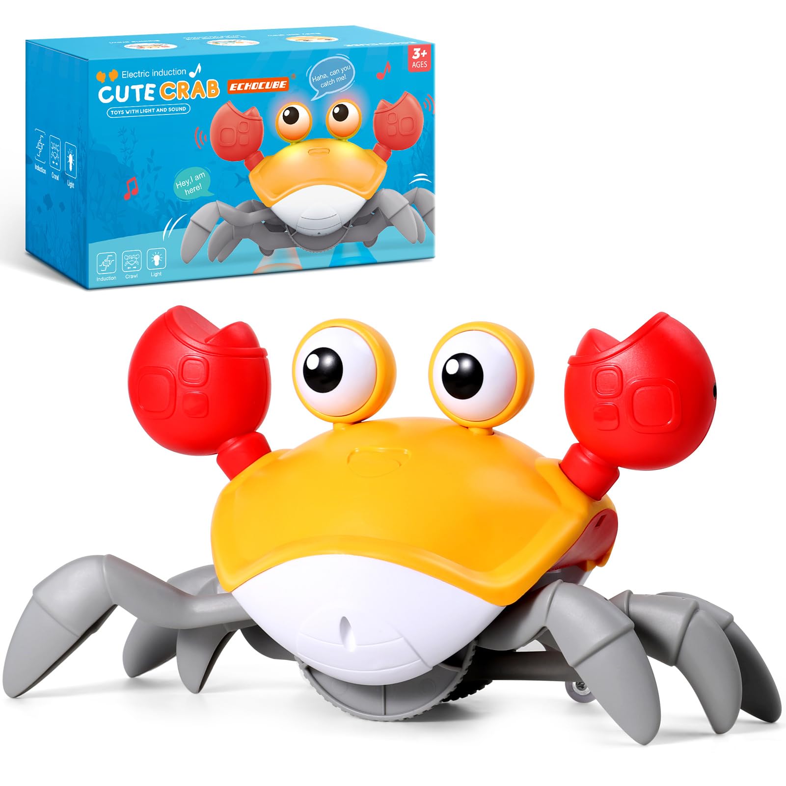 ECHOCUBE Crawling Crab Toys, 2 PCS Walking Crab Toy with Light & Cheerful Music, Electronic Automatically Avoid Obstacle Sensory Toy for Boys and Girls Gift - Yellow 2-pack