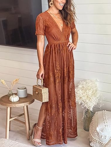 Eleter Women's Romper Dress for Wedding Guest Boho Maxi Floral Lace Wedding  Dress Flowy Bridesmaid Beach Bridal Shower Dress(L,Burnt Orange) in Saudi  Arabia | Whizz Dresses