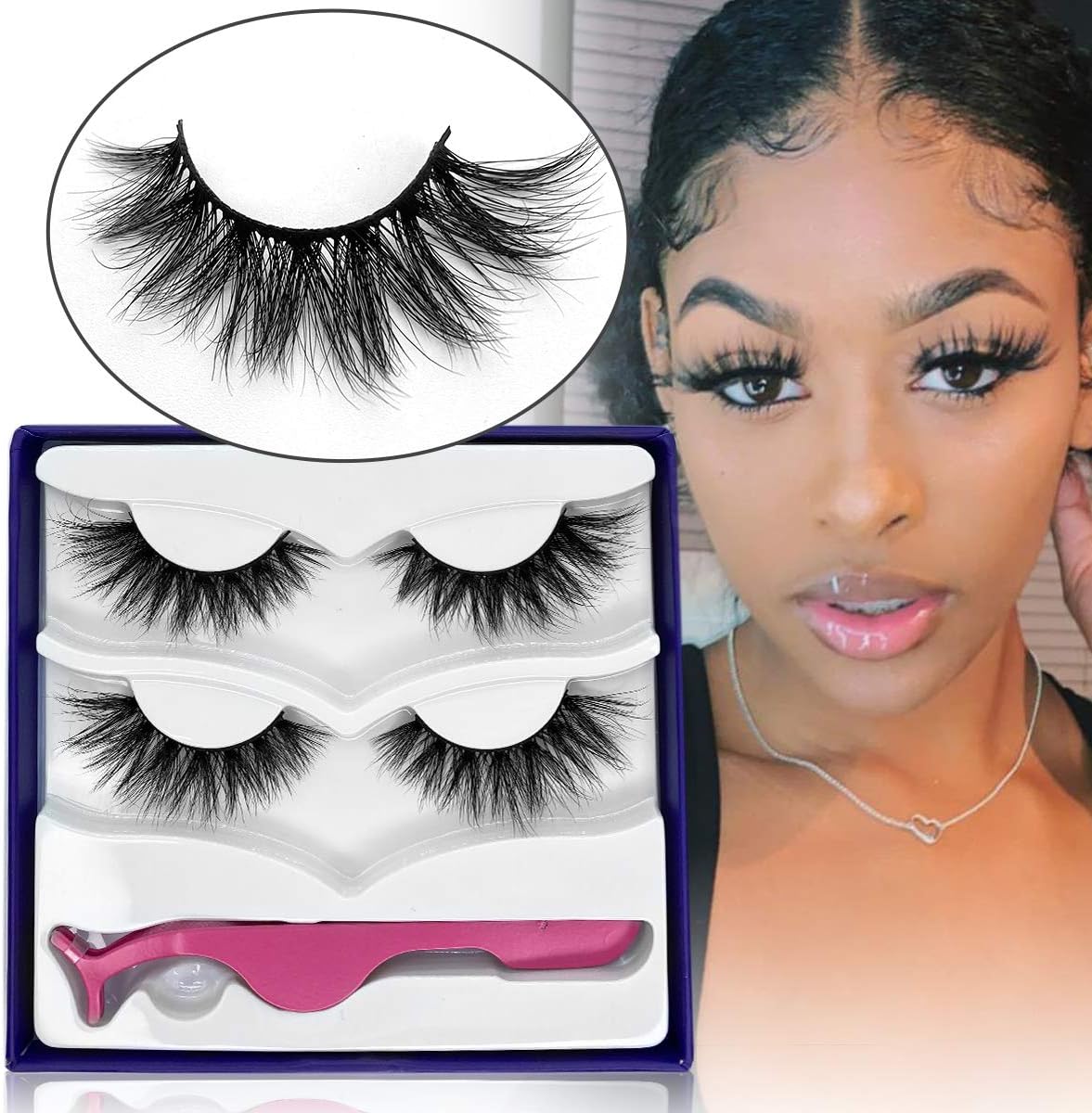 SWINGINGHAIR Natural False Eyelashes, 3D Mink Lashes Wispy Mink Eyelashes Natural Look 17mm Medium Mink Eyelashes Fluffy Lashes Pack for Women, 2 Pairs|Banana