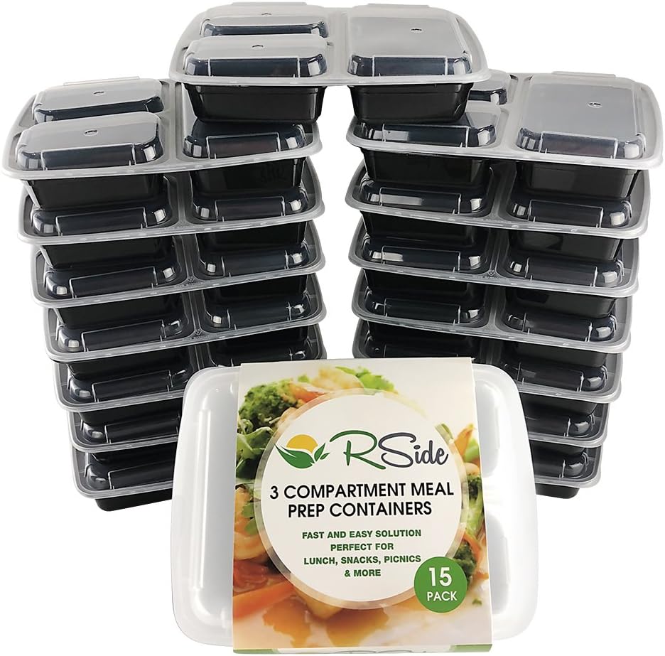 [15 Pack] 3 Compartment Meal Prep Food Containers, BPA Free & FDA Approved. Reusable & Recyclable Plastic Boxes with Lids by RSIDE