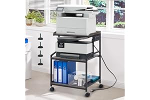 LAUREN HAROLD Lauren&Harold 34'' Printer Stand with Power Outlets & USB Ports, 3-Tier Adjustable Rolling Cart, Heavy Duty 150LBS Storage Table with Wheels for Office, Kitchen, Living Room, Grey/Black