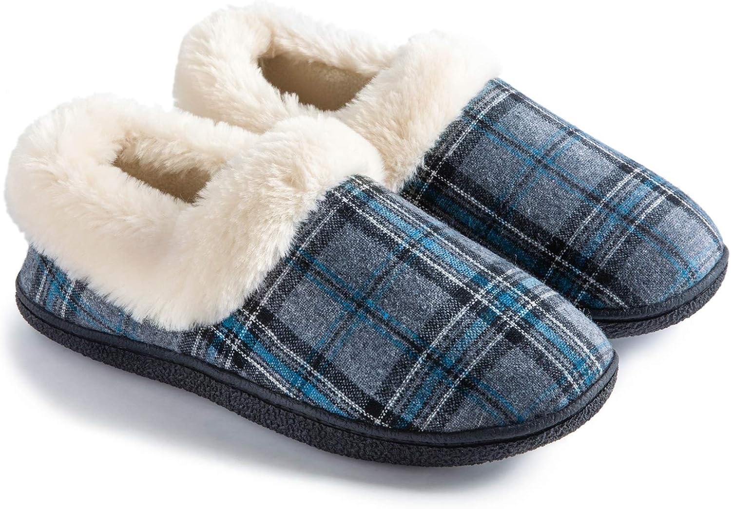 ULTRAIDEAS Ladies' Tartan Memory Foam Slippers with Fuzzy Faux Fur