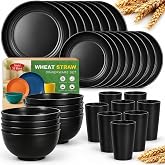 Teivio 32-Piece Plates and Bowls Sets for 8, Kitchen Dish Dinnerware Sets | Unbreakable, Wheat Straw Dishes, Cups, Dishwasher Safe, Dorm Outdoor RV Camping Apartment Essentials Decor Plate Set,Black