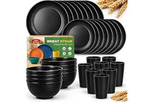 Teivio 32-Piece Plates and Bowls Sets for 8, Black Kitchen Dinnerware Sets | 13.5oz Cups, Plastic Wheat Straw Unbreakable Dish Set, Dishwasher Safe, for Outdoor Camping RV Apartment Essentials Plate Set