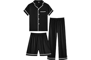 OEIU Girls Boys Silky Satin Pajamas Set 3 Pcs for Kid Children Silk pjs Set Sleepwear Button-up Nightwear