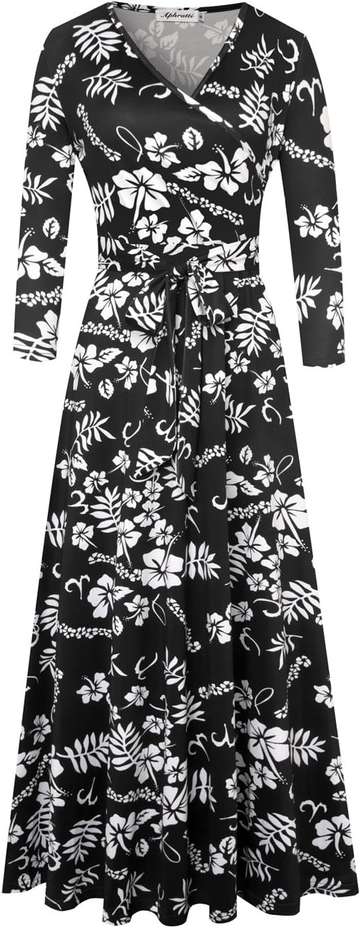 Aphratti Womens Casual Maxi Dress 3/4 Sleeve Faux Wrap V-Neck Long Floral Dress
