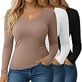 Evervibe 3 Pack Women's Plus Size T-Shirts Long Sleeve V Neck Slim Fitted Tunic Tops Casual Stretchy Basic Tee Shirt Xl-5XL