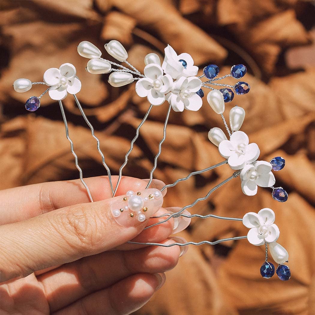 IYOU Bridal Wedding Hair Pins Flower Blue Hair Piece Pearl Communion Bride Hair Accessories for Women(Pack of 4)