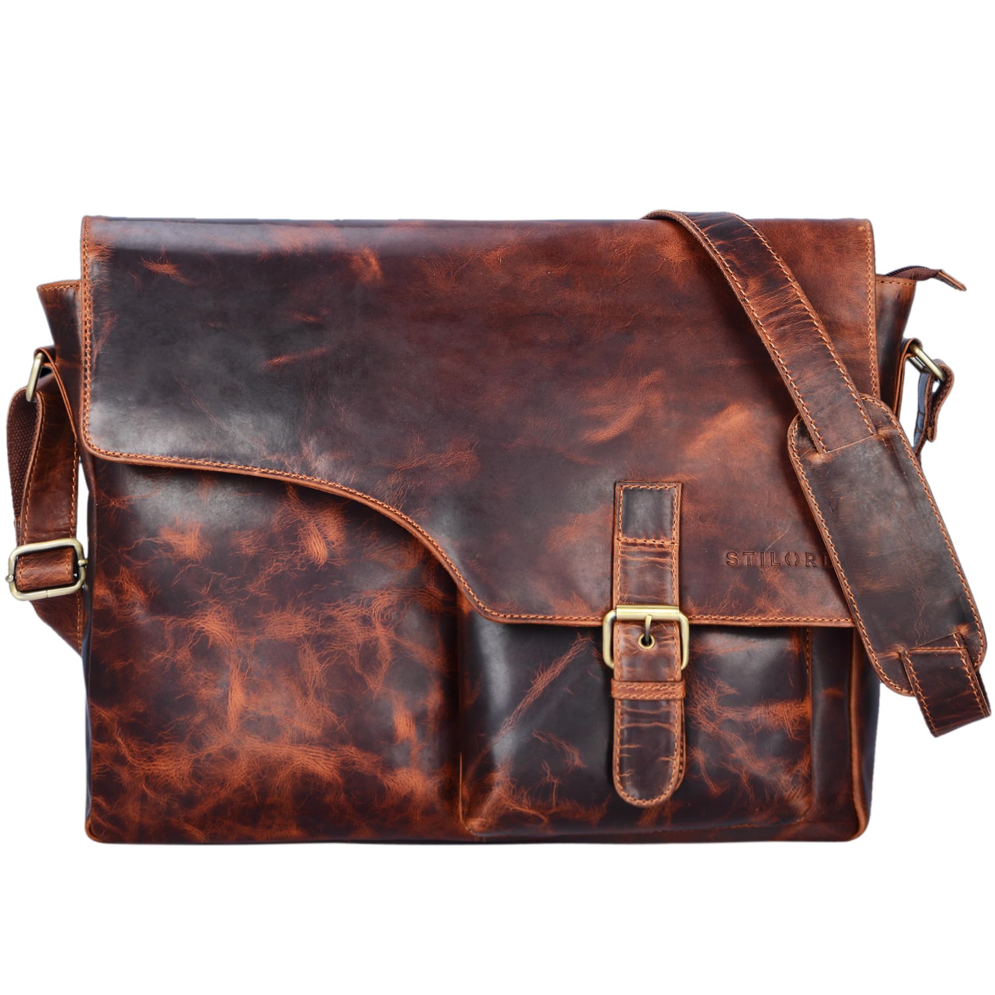 STILORD "Valerian" Vintage Leather Messenger Bag Men Business University Shoulder Cross-Body Laptop Bag 13.3 inch Colour:Kara - Cognac