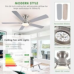 Ceiling Fans with Lights, 56" Flush Mount Ceiling