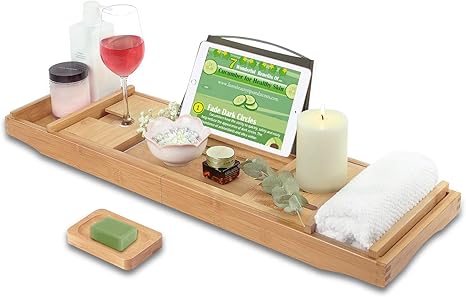Amazon Com Bamboo Natural Bathtub Tray Bathtub Caddy With Soap Box Luxury Natural Wooden Bathtub Tray Bath Tray For Tub Bath Tub Table Caddy Bathroom Caddy With Tablet Holder Bamboo Bath Tray