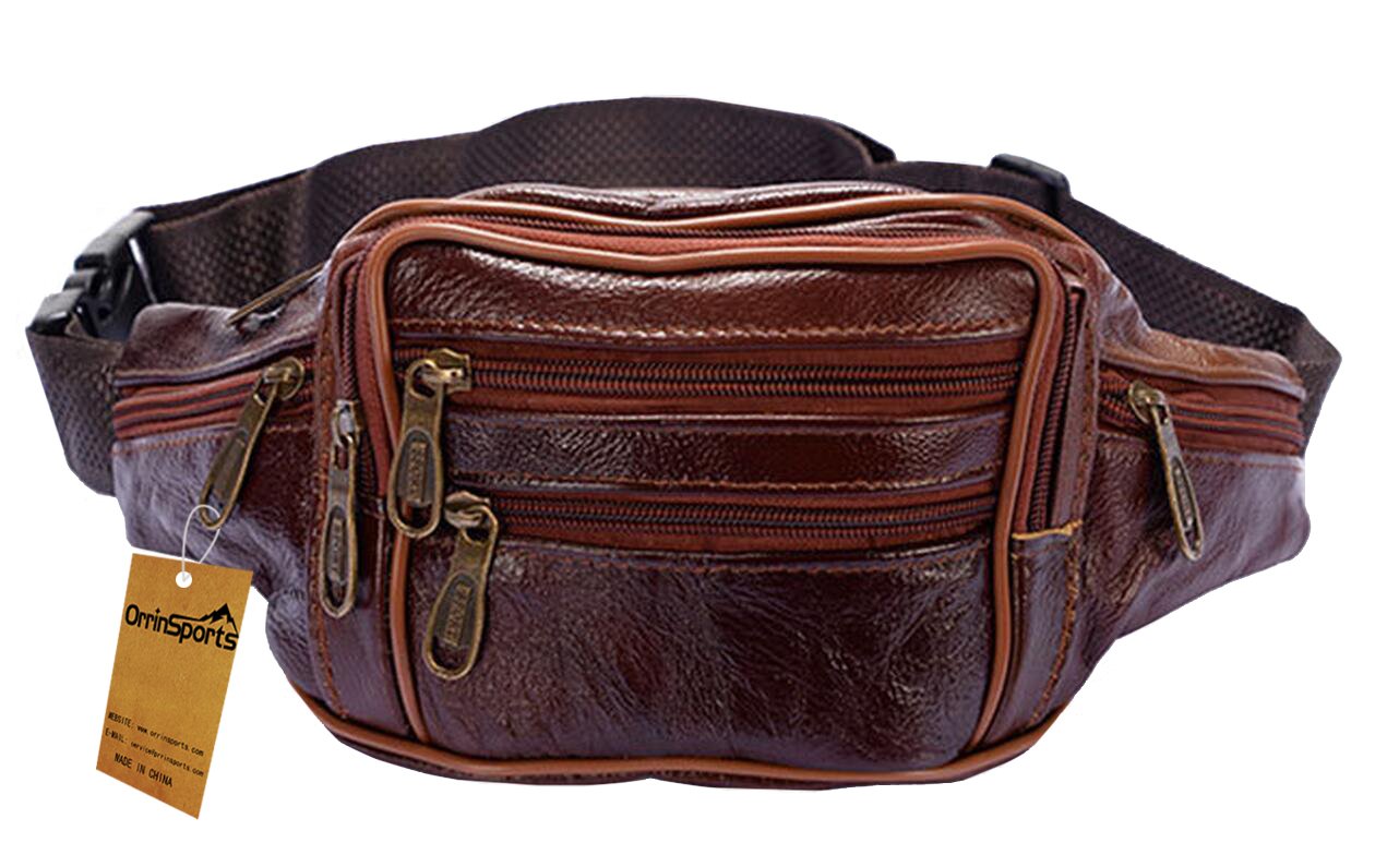 OrrinSports Genuine Leather Fanny Pack Cell Phone Pocket Large Capacity
