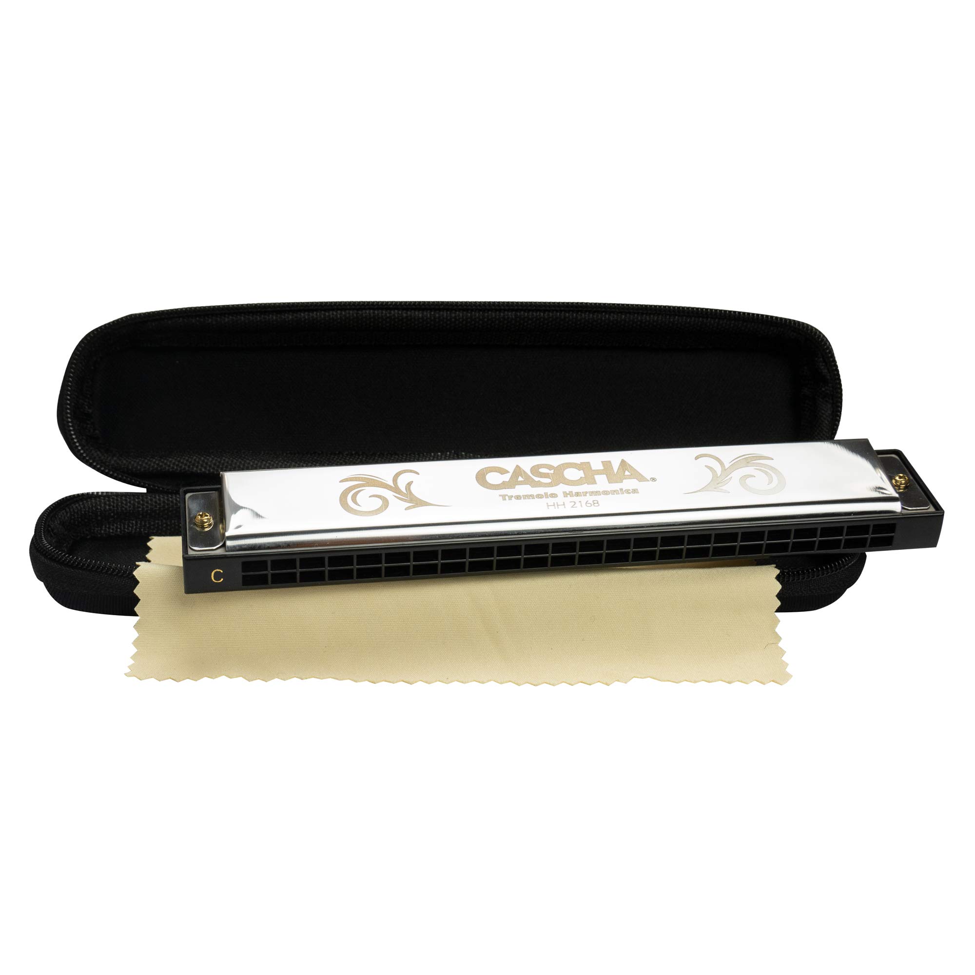 CASCHA Tremolo Harmonica, 24 holes, C-major, including soft case and care cloth, diatonic tremolo harmonica, silver