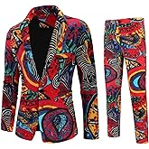 Cloudstyle Mens 2 Piece Print Suit Floral Party Dress Jacket Slim 2 Button Blazer Pants