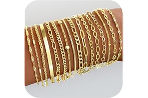 FANDY 16 PCS Gold Bracelets for Women, Dainty Bracelets Set for Women Trendy, Gold Stackable Cuban Link Paperclip Chain Bracelet Pack Jewelry Gifts for Women