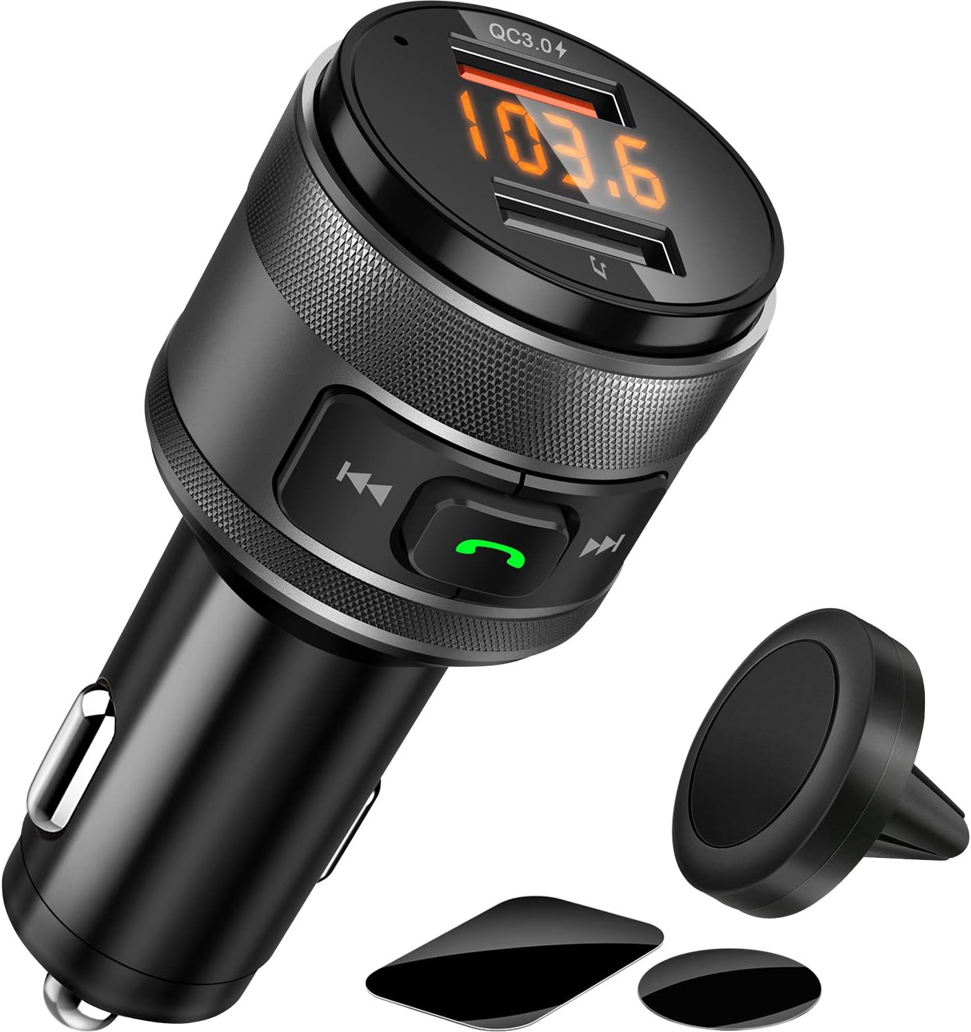 Bluetooth FM Transmitter, QC3.0 Wireless Radio Adapter, Bluetooth Car Transmitter with Magnetic Mount and Plate, Hand-Free Calling, Dual USB Charger, Music Player