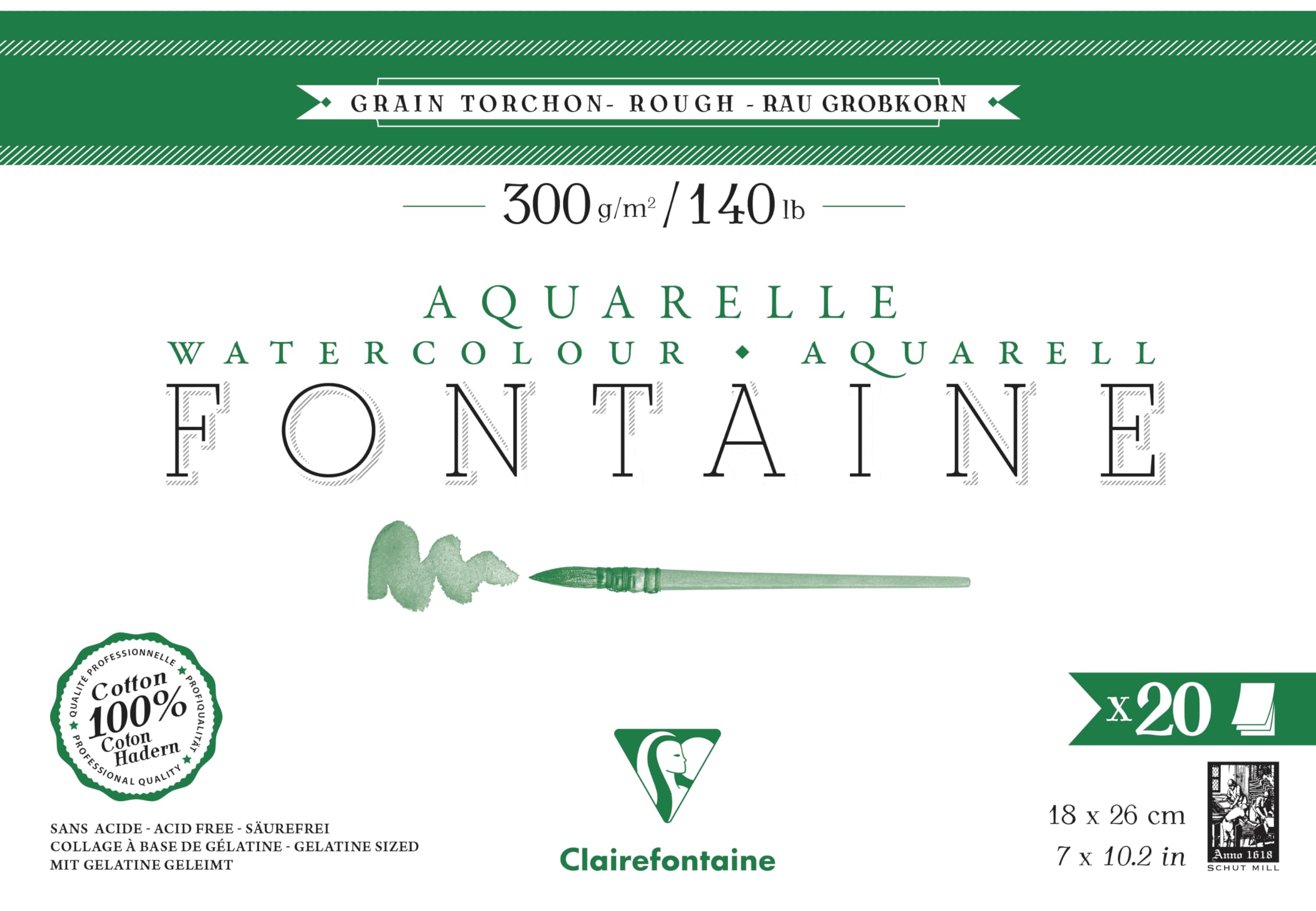 Clairefontaine 975505C Fontaine 4-Sided Glued Pad - 20 Sheets of 100% Cotton White Watercolour Paper, Torchon Grain, Professional Quality, 18x26 cm, 300g