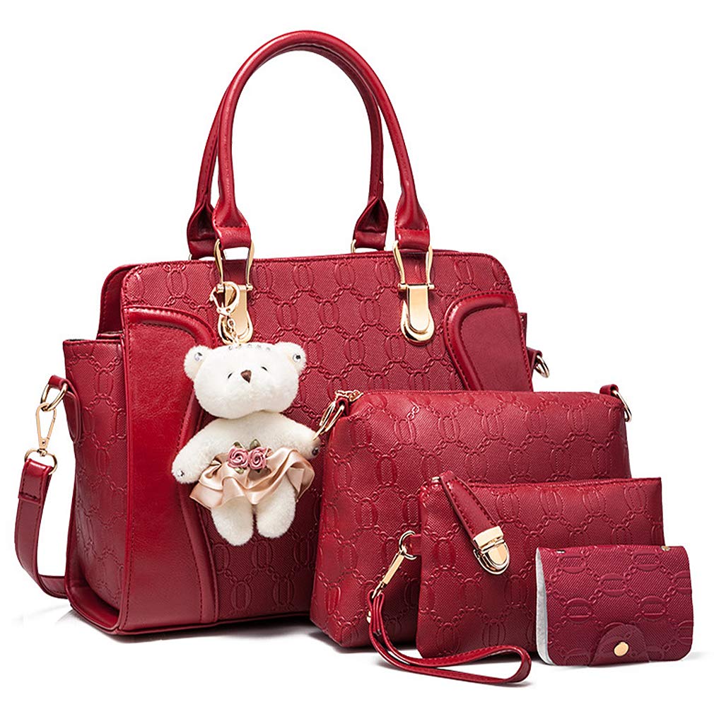 Pahajim Handbags for Women,Ladies Handbag Set Top Handle Bags 4 Pieces Set in PU Leather,Tote Bag Shoulder Bag Clutch and Card Holder Sets for Shopping Work Travel Gift (Red)