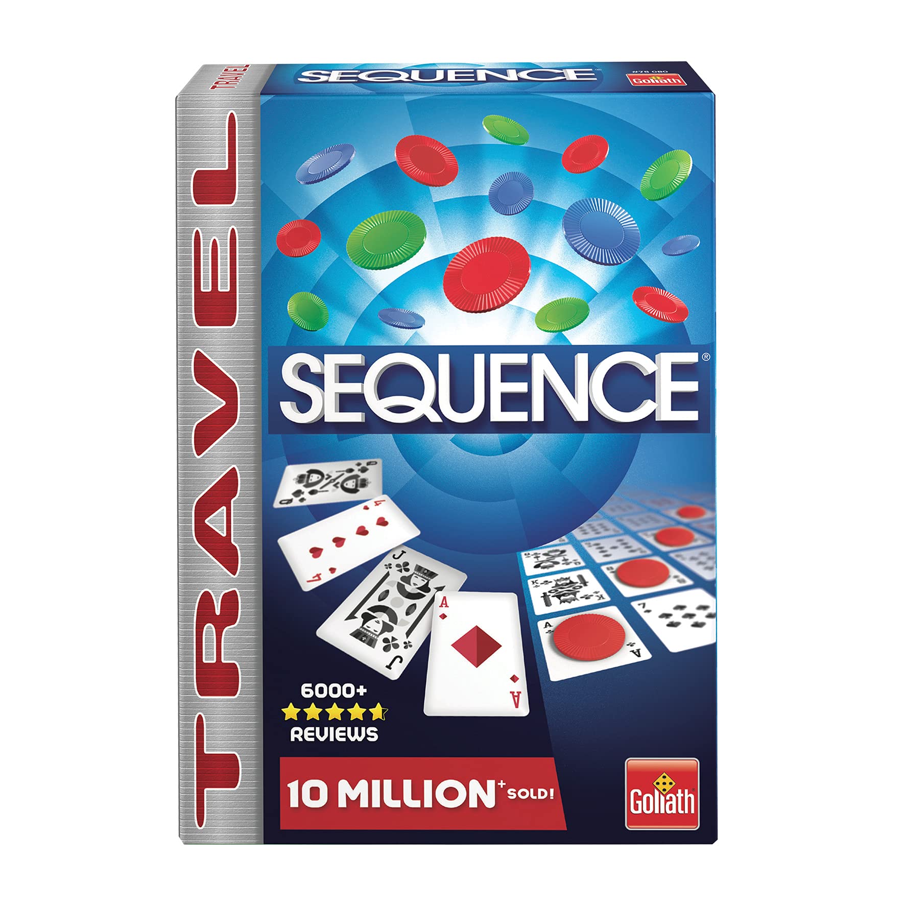 Goliath Games Travel Sequence | Five-in-a-row Fun for Everyone! | Family Strategy Game | For 2 or More Players, Ages 7+, White, Blue, and Yellow