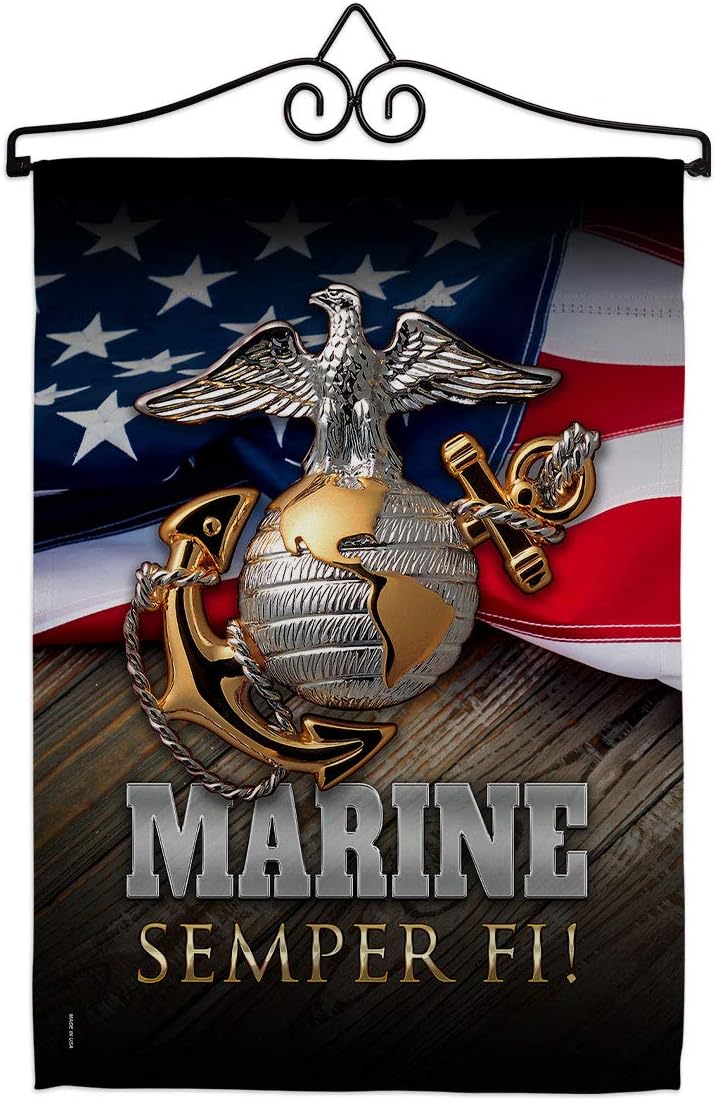 Marine Semper Fi Garden Flag - Set Wall Hanger Armed Forces Corps USMC United State American Military Veteran Retire Official - House Banner Small Yard Gift Double-Sided Made in USA 13 X 18.5