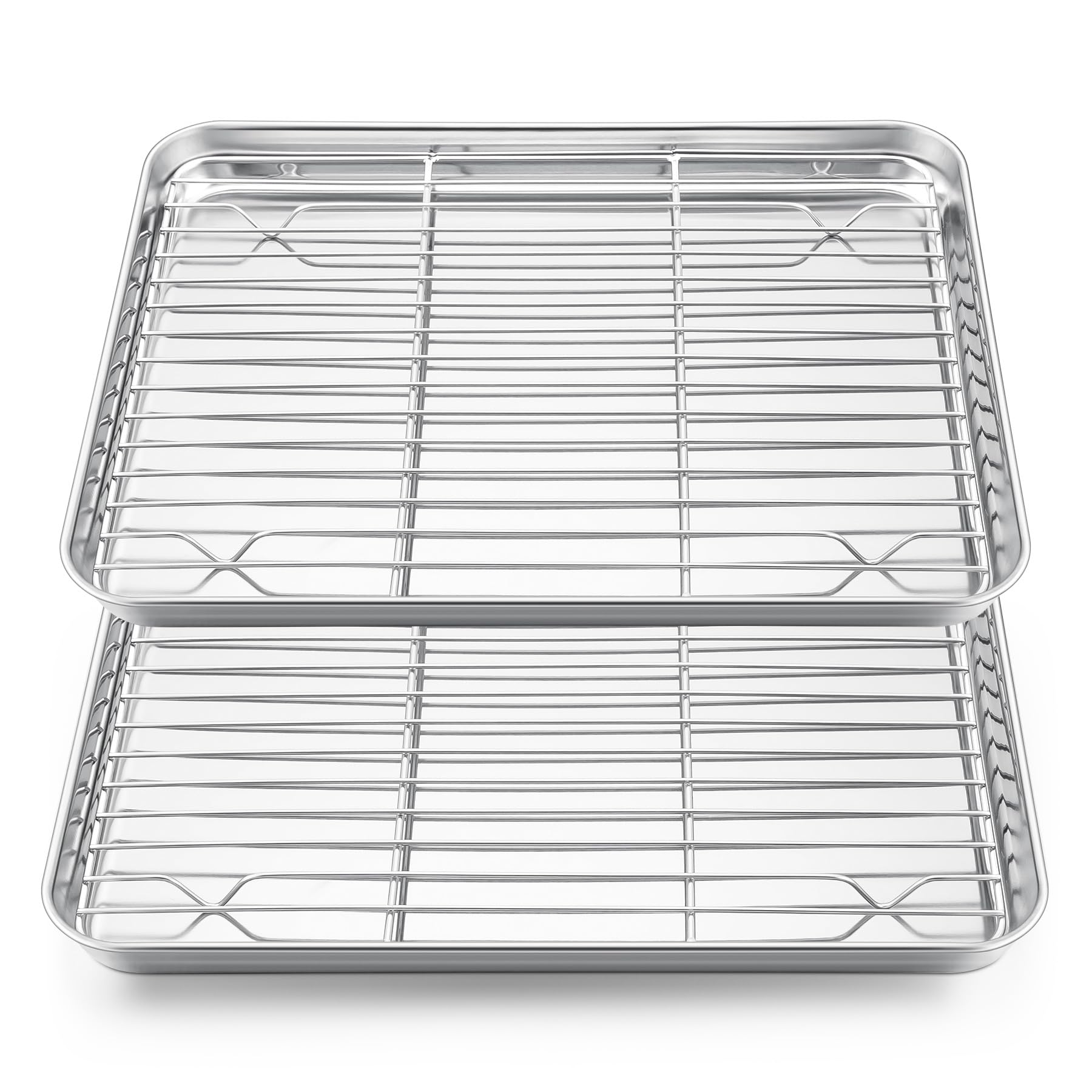 HaWare Small Baking Tray - 4 Pack (2 Trays+2 Racks), 26.5 X 20.5 X 2.5 cm Stainless Steel Oven Cookie Sheet Pan with Cooling Rack, Healthy & Non Toxic, Mirror Finish & Dishwasher Safe