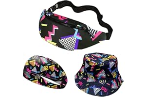 3 Pcs 80s 90s Fanny Pack Bucket Hat Set, Women Men Neon Hat Fashion Adjustable Waist Bag Headband for Adult Party