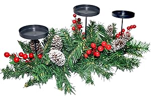 HAMIFINEE 21.7" Christmas Table Centerpiece Christmas Candle Holders with 3 Iron Trays Red Berries Snowy Pine Cones Greenery Pine Christmas Garlands Decorations for Centerpiece Table Mantel Holiday Home Decor
