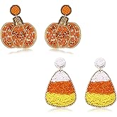 2 Pairs Halloween Beaded BOO Ghost Drop Earrings for Women Handmade Pumpkin Teardrop Dangle Earrings Statement Festive Party Costume Jewelry Gifts