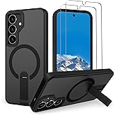 Aropuktek for Galaxy-S24 Case/Galaxy-S25 Case [𝗡𝗼𝘁 𝗙𝗶𝘁 𝗦𝟮𝟰 𝗣𝗹𝘂𝘀/𝗦𝟮𝟱 𝗣𝗹𝘂𝘀]: 2X Screen Protectors, Compatible with MagSafe, Built-in Stand, Matte Translucent Protection Case, Black