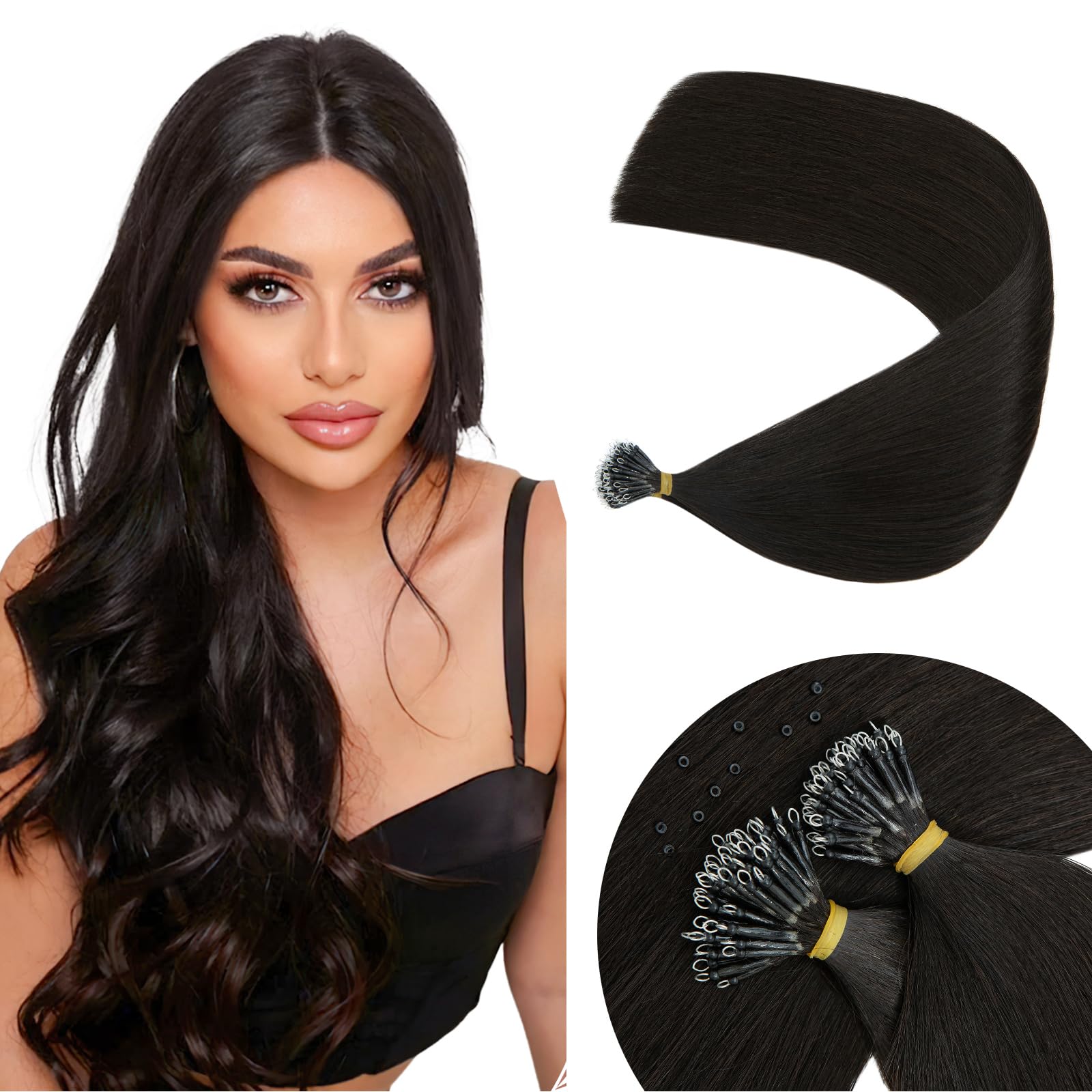 Elailite Hair Extensions Real Human Hair Nano Ring Nano Beads Cold Fusion 50 Strands 50g Straight (#1B Natural Black, 14 Inch) — image 1