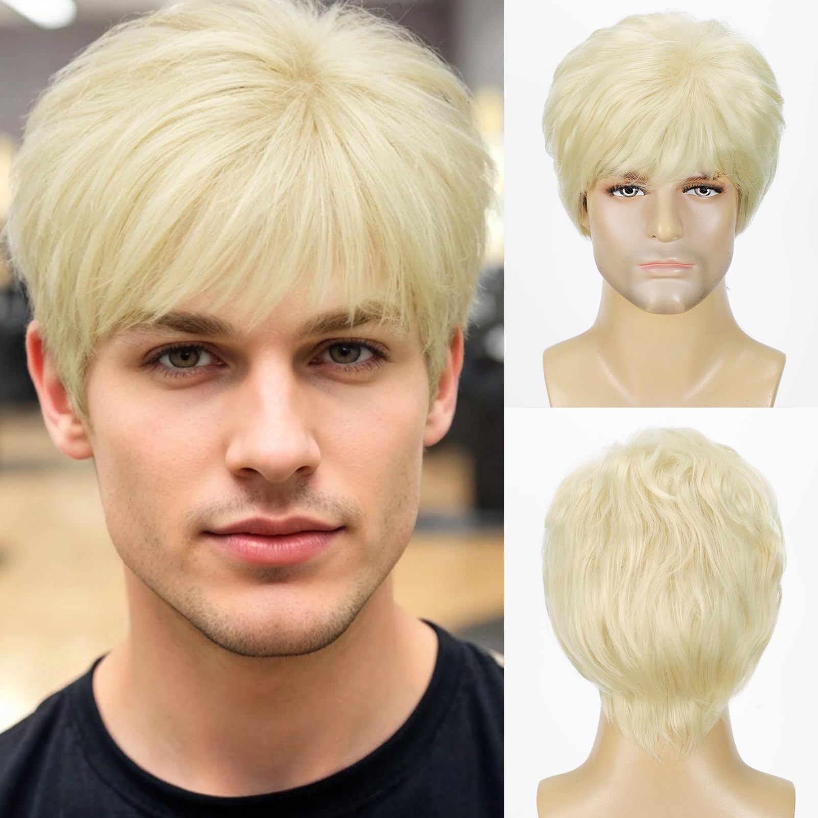 Photo 1 of YYHR Mens Blonde Wig Short Straight Synthetic Blonde Hair Wigs for Male Guy Daily Wear Anime Costume Halloween Cosplay Party
