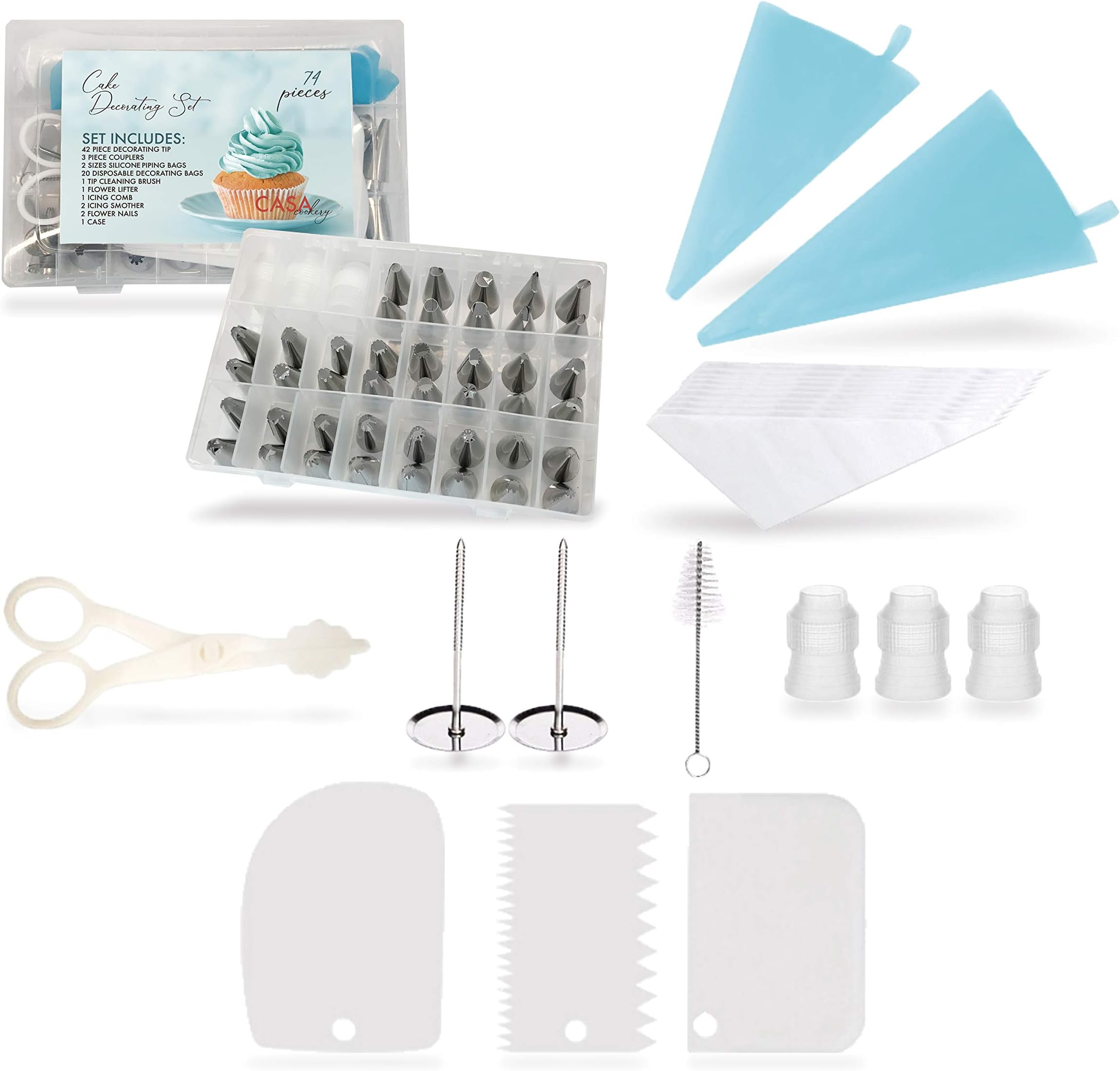 CASA Cake Decorating Set 74 Pieces for Cake Icing Includes 42 Nozzles with Storage Case and Cleaning Tool Perfect for Halloween, Christmas and Winter Baking Decorations