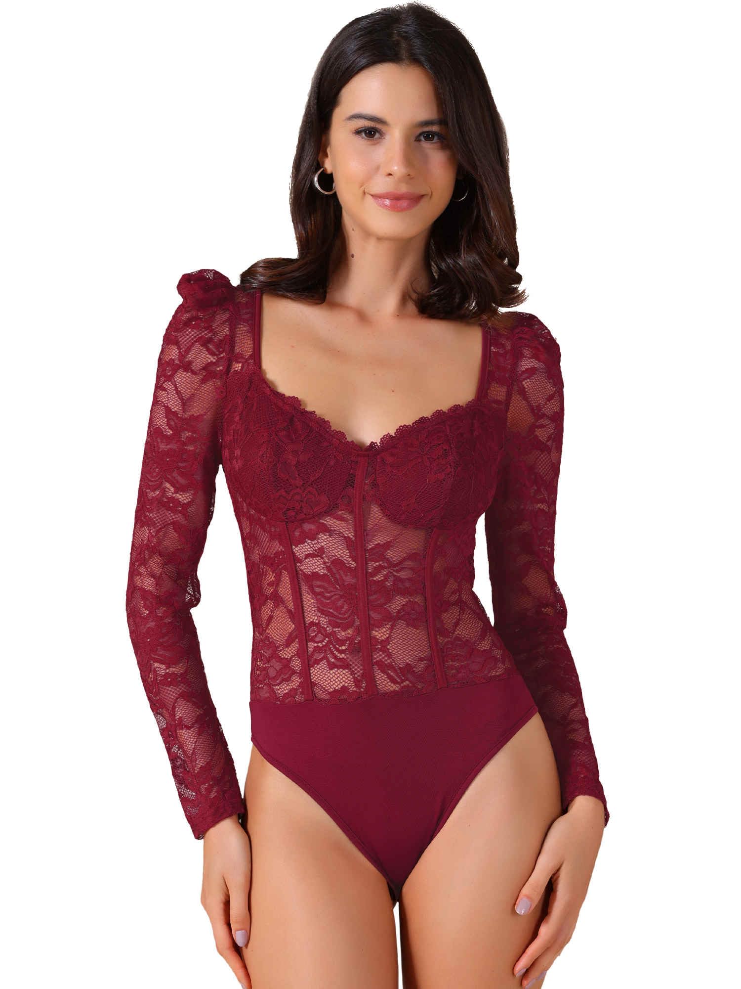 Photo 1 of Allegra K Women's Bodysuit Corset Tops Long Sleeve See Through Sheer t Shirt Large Red