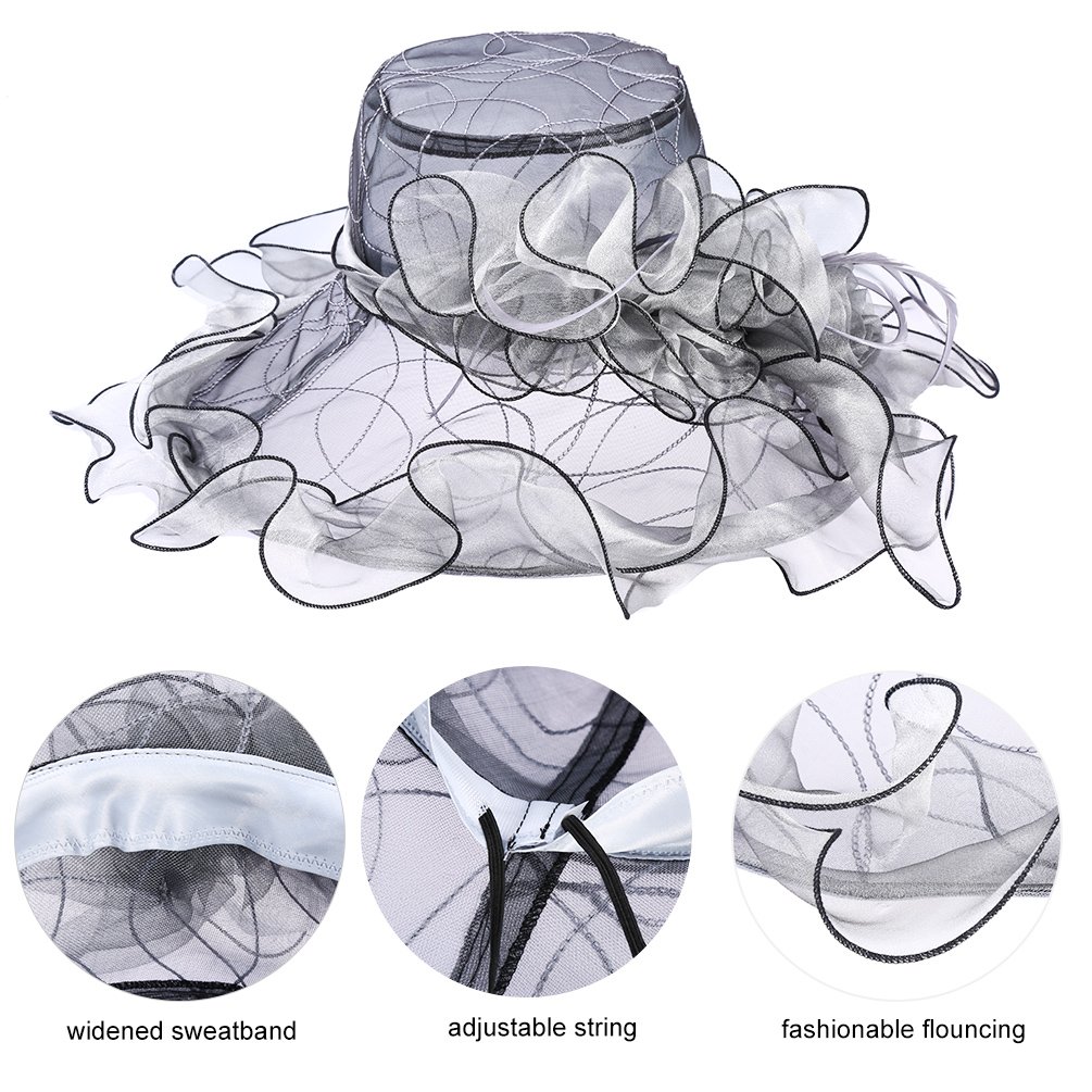 Vbiger Women\'s Summer Kentucky Derby Hat Large Brim Sun Hats Ascot Race Derby Hat for Cocktail Tea Party Wedding (Grey 2)