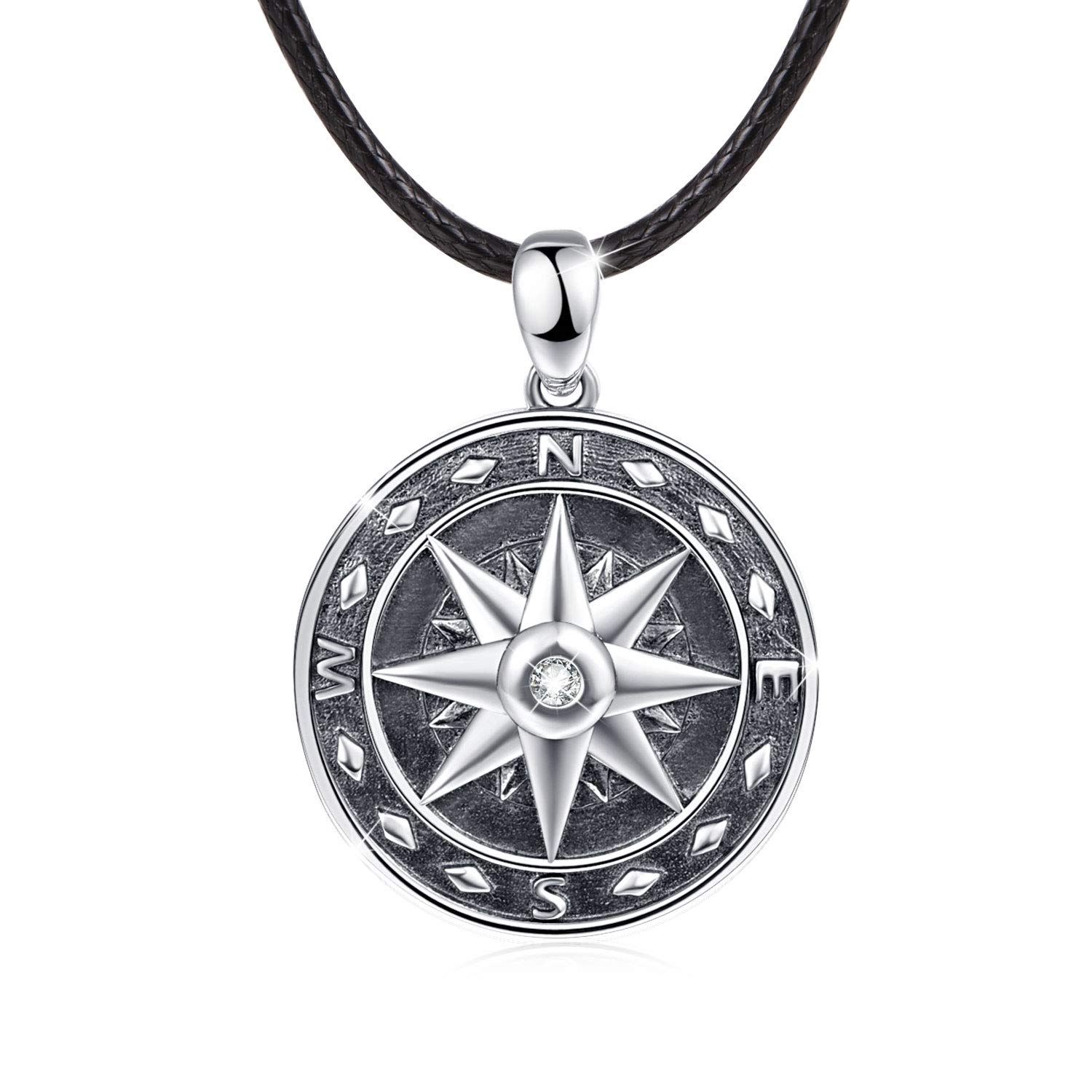 KINGWHYTE Compass Necklace 925 Sterling Silver Black Compass Pendant Birthday Gifts Graduation Jewellery for Men Women with Leather Rope Chain