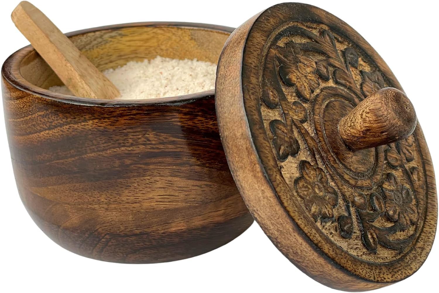 KPAVIR Wooden Salt Box with Lid & Spoon – Handcrafted Mango Wood Container with Carved Floral Design, Kitchen Storage for Salt, Spices & Seasonings