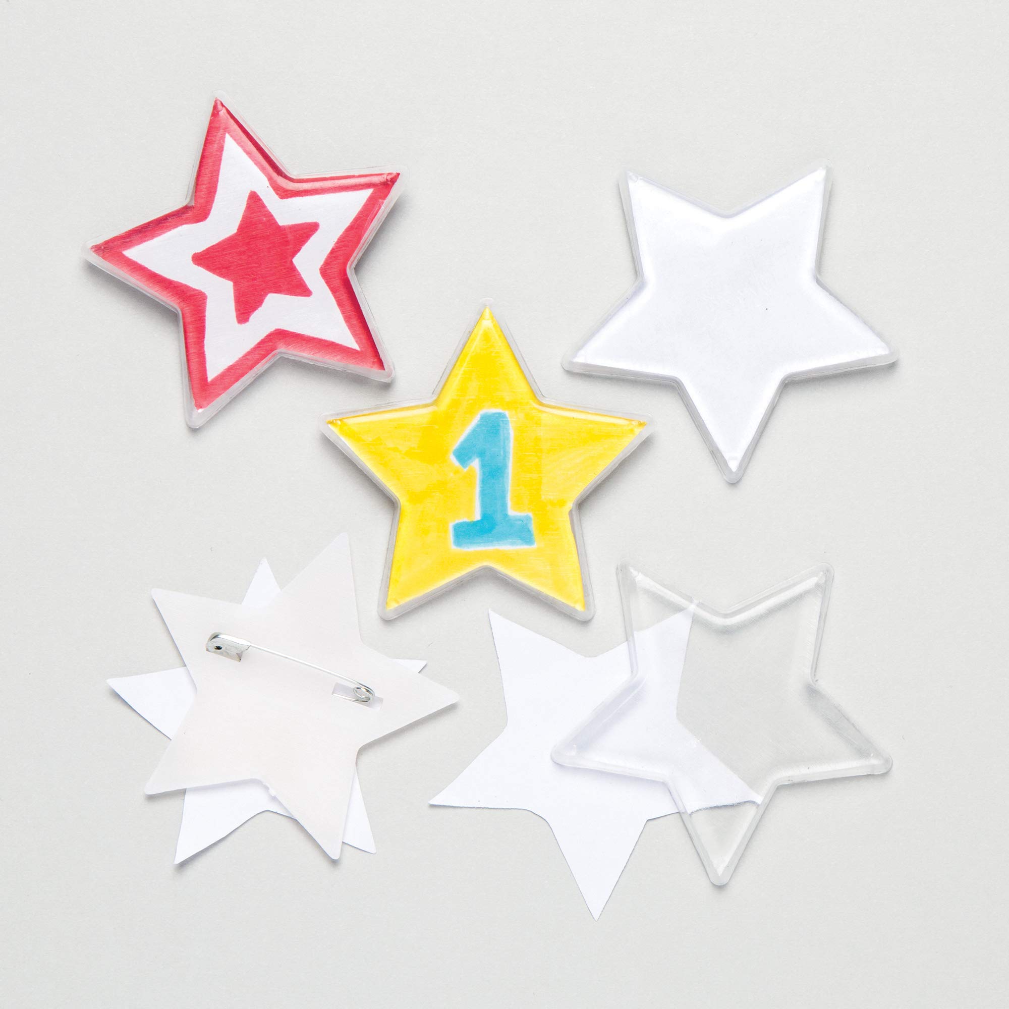 Baker Ross AR454 Star Badges-Pack of 10, Decorate You Own Pin Kits for Kids Arts and Crafting Projects, Rewards and Prizes, White, 2.3 inch