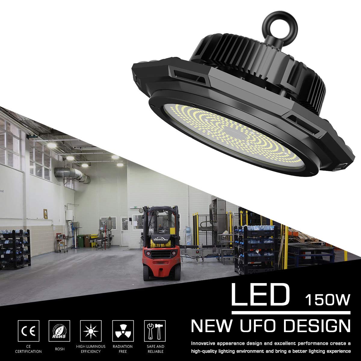 Abodong High Bay LED Light Fixture 150W 19500LM 5700K Outddor Lighting Alternative to 600W HPS/MH with 110-277V 2M AC Power Cord UL/DLC Approved IP 65 (150W with 2M PowerCord)