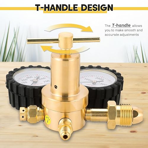 IMAGE Nitrogen Regulator – 0-800 PSI Delivery Pressure, CGA-580 Inlet, 1/4” Male Flare Outlet, Solid Brass, Large T-Handle, For HVAC Purging, Brazing, Soldering
