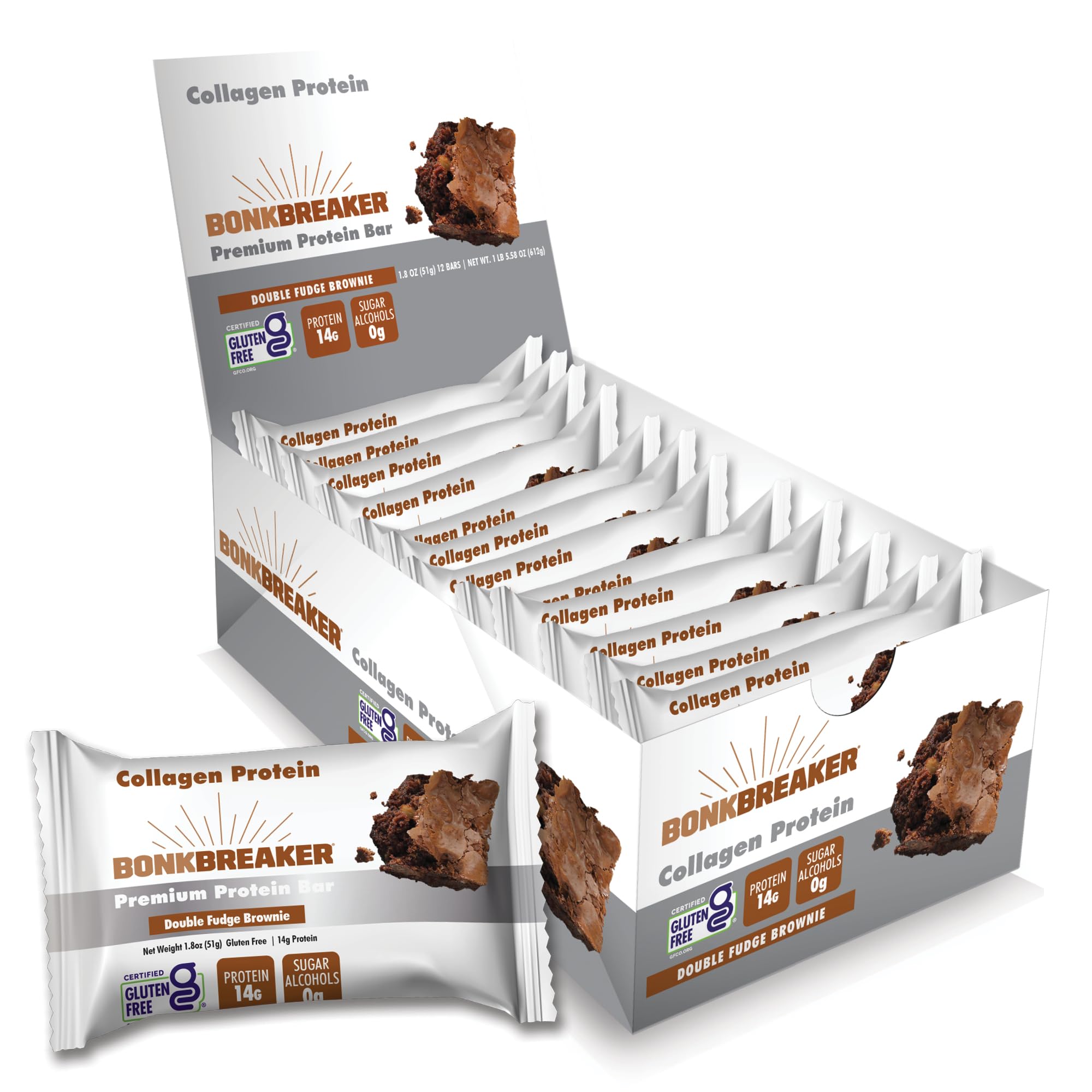 Bonk Breaker Collagen Protein Premium Protein Bar Gluten-Free, 15g Protein, Double Fudge Brownie Flavor, 51g Bar (12 Pack)