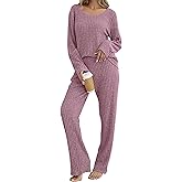 Kocowoo Women's Ribbed Knit Pajama Set Long Sleeve 2 Piece Loungewear Outfits Soft Pj Clothing Set with Pockets