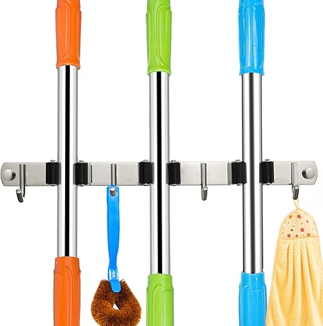 Stainless Steel Broom Hanger With 3 Racks 4 Hooks Heavy Duty Utility Tool Hanger Storage Organizer
