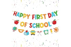 Shzbtdo Pre-Strung Happy First Day of School Banner, Glitter First Day of Kindergarten Decorations for Classroom, Welcome School Decorations for Kindergarten PreK 1st Grade Students