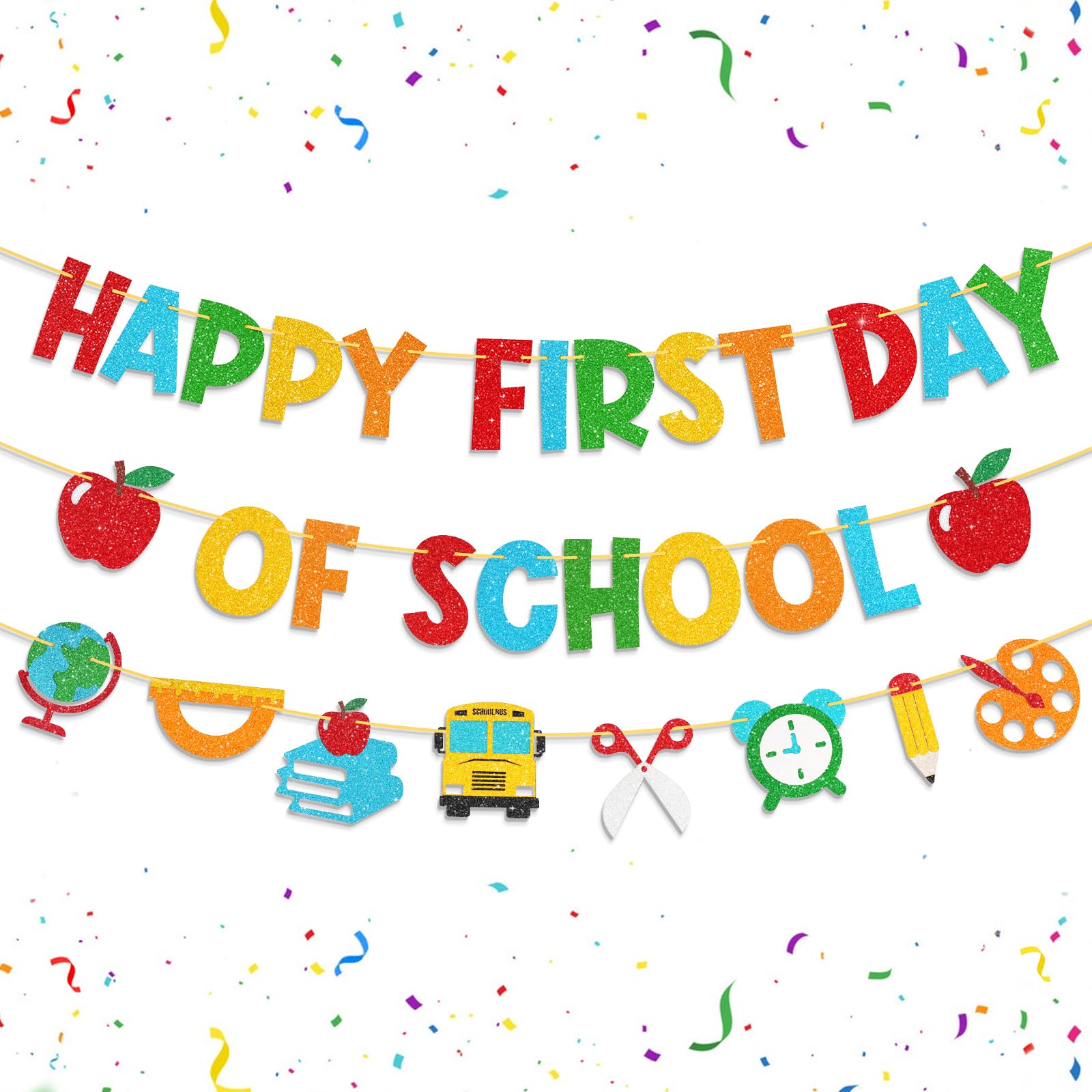Photo 1 of Shzbtdo Pre-Strung Happy First Day of School Banner, Glitter First Day of Kindergarten Decorations for Classroom, Welcome School Decorations for Kindergarten PreK 1st Grade Students