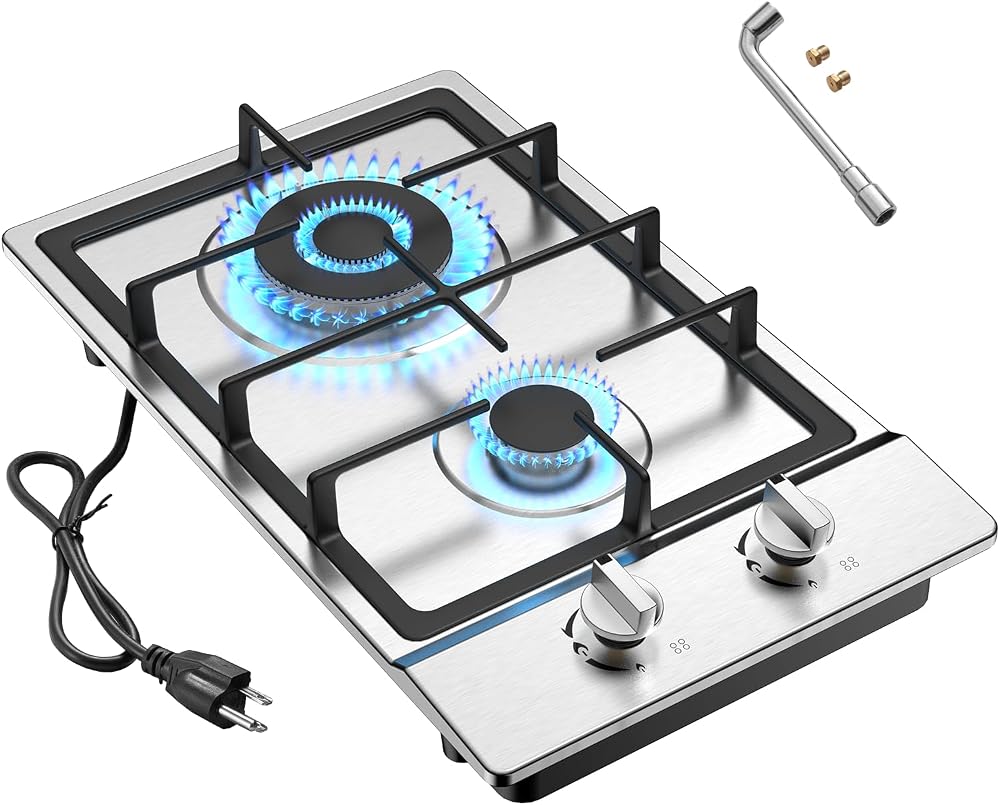 Nafewin Gas Cooktop 2 Burner Propane Cooktop, Stainless Steel Propane Stove | 12 inch Bulit-in Gas Stove Top with Thermocoupl