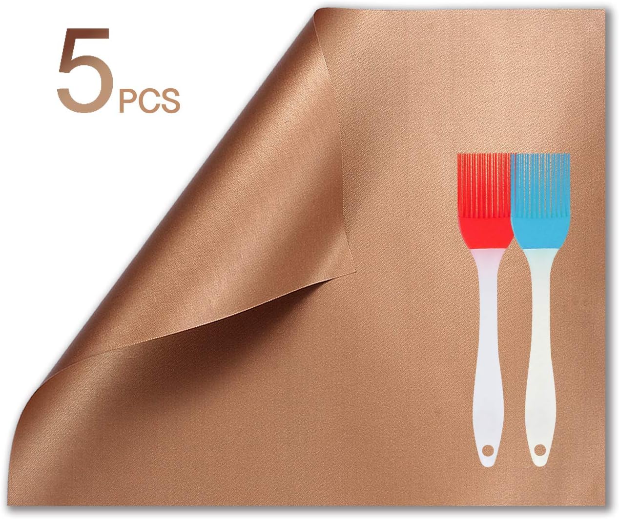 KOLIFEGOODS Grill Mat, 5PCS BBQ Baking Mat Non-Stick Reusable Cooking Sheets for Gas Grills Outdoor Grill with 2 Silicone BBQ Brushes, 15.75 x 12.99 Inches Gold