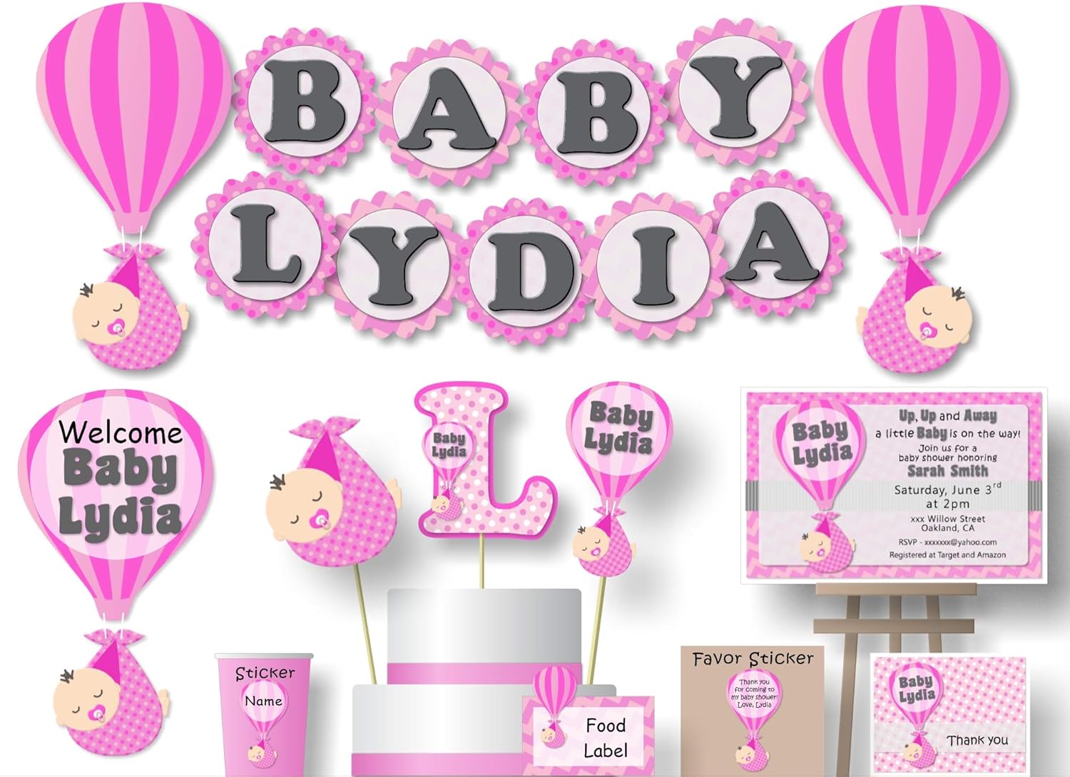 Amazon Com Personalized Pink Hot Air Balloon Baby Shower